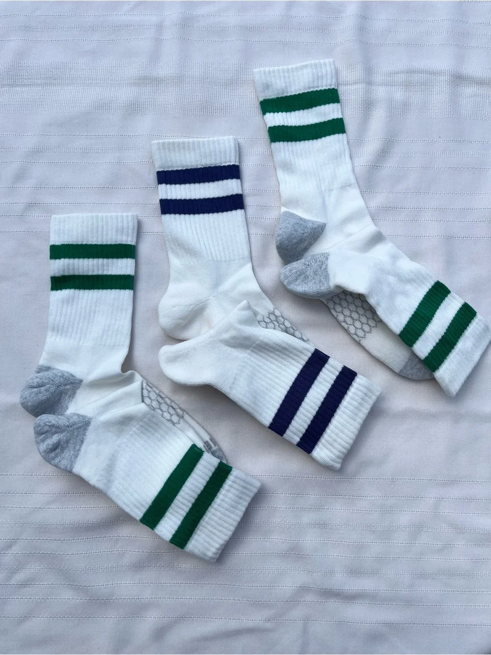 Bombas White Athletic Crew Socks with Green and Navy Stripes